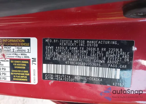 2009 Toyota Camry Se z USA, uszkodzony, nr VIN 4T1BE46K99U353686